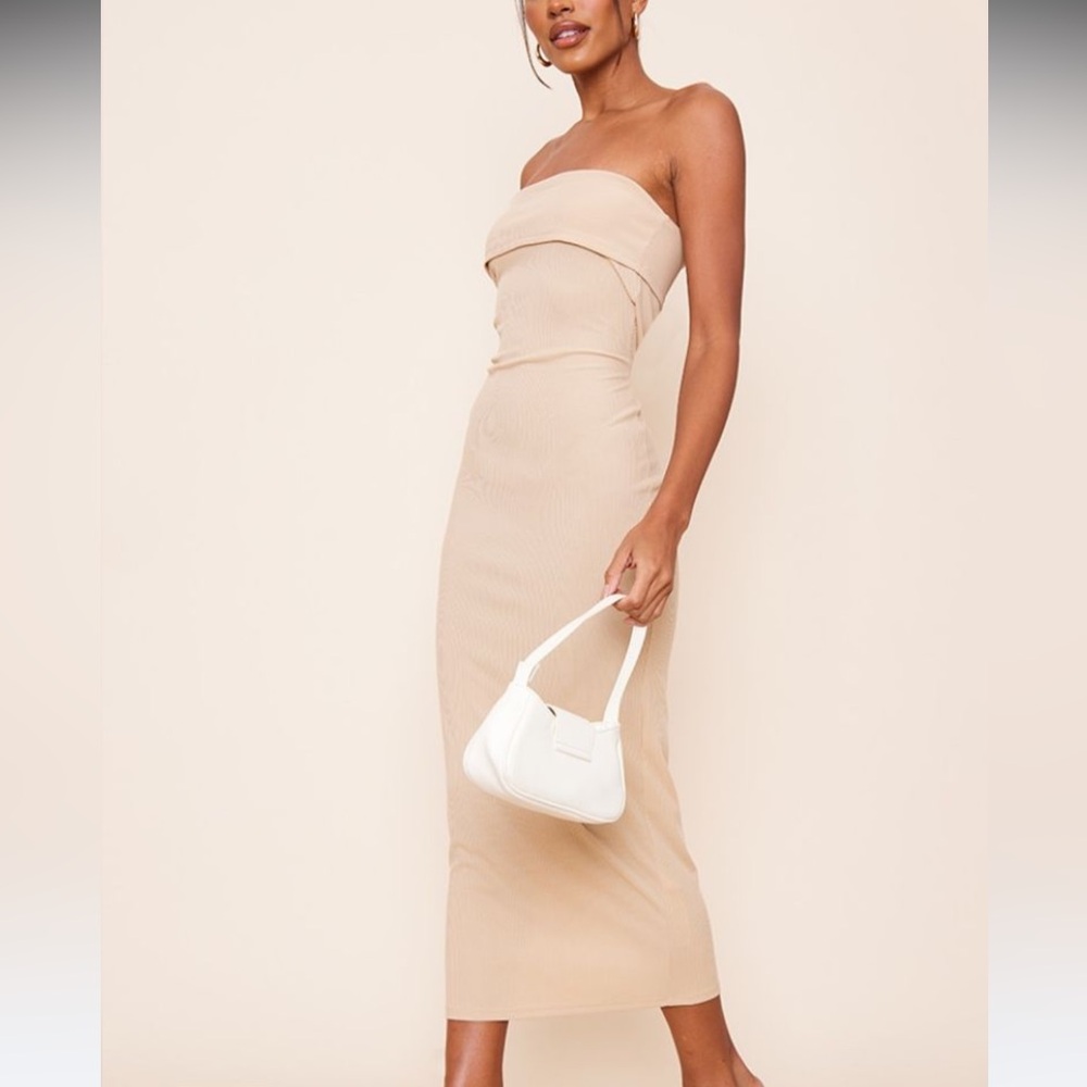 PrettyLittleThing Stone Ribbed Bandeau Fold Over Midaxi Dress